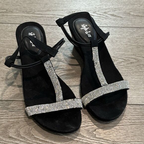 Style & Co. Womens Mulan Black Wedge Sandals Shoes 7 Medium Glitter Sparkly - Picture 1 of 4